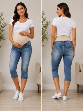 Indigo Blue Secret‎ Fit Belly Flap Picket Stretch Western Maternity Crop Jeans L
